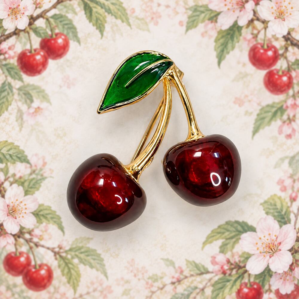 Red Cherry Brooch Pin Gold Tone Green Leaf Fruit Retro Glass Jewelry CP171